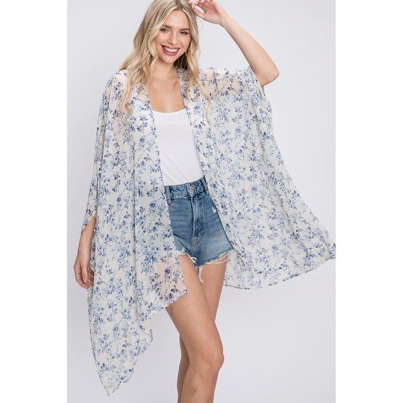 GeeGee Sweaters - GeeGee White Blue‎ Floral Sheer Kimono Cardigan Lightweight Boho Vacation Large